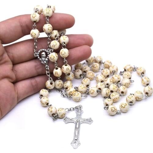 3 Styles 8mm Cross Pink Spotted Rosary Necklace Catholic Christian Wedding Prayer Bead Religious Jewelry