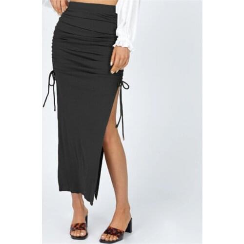 Hirigin Women Summer Rib Knit Skirts Solid Package Hip Bottoms Clothing Women High Waist Split Drawstring Skirt Causal Party