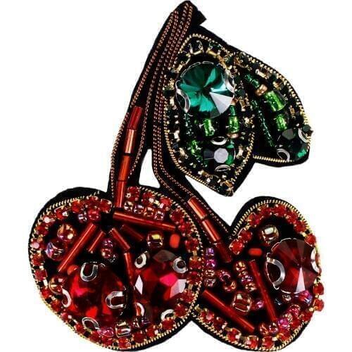 Handmade Cherry Patches Beaded Rhinestones Crystal Motifs for Women Brooch Badge Clothes Applique 5 pieces