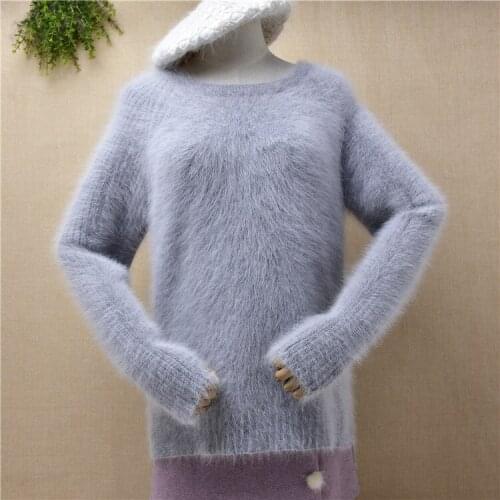 Ladies women fashion grey hairy grey mink cashmere knitted loose pullover angora fur autumn winter jumper sweater pull tops