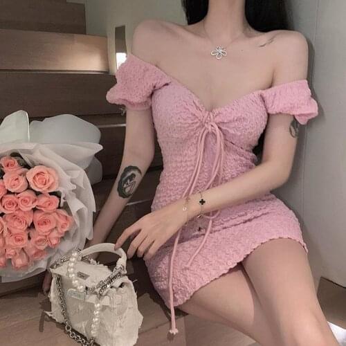 Women Puff sleeve sexy mini dress deep v neck hot girl one-shoulder female summer 2021 new waist slim bodycon dresses pink blue