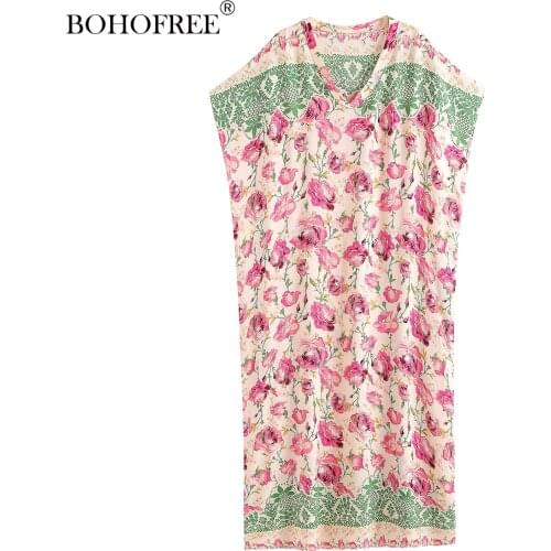 Curve Plus Women Boho Dresses Summer Beach Short Sleevess V Neck Pink Rose Printed Long Dress Loose Fit Rayon Vestidos