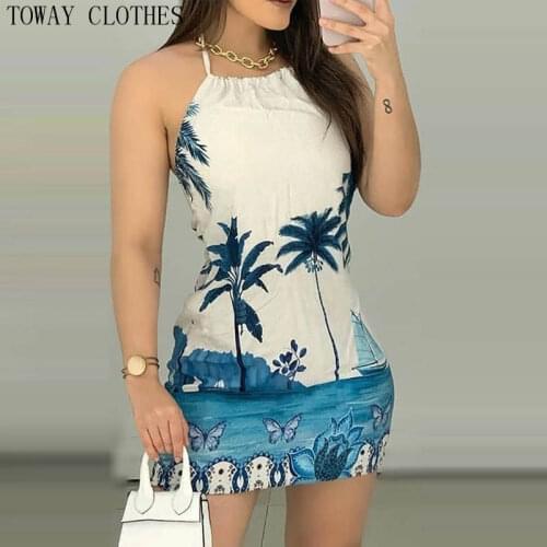 Women Summer Halter Tropical Butterfly Print Backless Dress