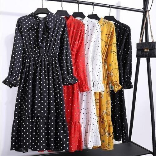 2020 Spring Autumn Women New Tie Up Bow Pollka Dot Floral Chiffon Dress Long Sleeve Ruffle Vintage Office Ladies Midi Vestidos