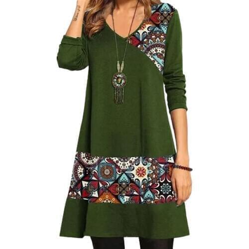 Retro Casual Elegant Dress Women Long Sleeve V Neck Digital Ethnic Print Patchwork A Line Mini Dress