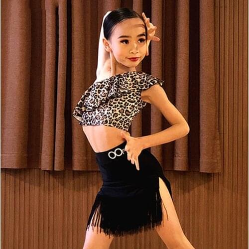 2021 Latin Dance Costumes Short leopard Tops Black Fringed Skirt Girls Practice Training Suit Samba Cha Cha Dancing Dress BL5620