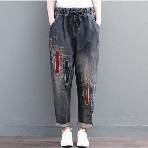 Art Style Patchwork Embroidery Loose Vintage Women Jeans Hole Design Elastic Waist All Cotton Denim Ladies Harem Pants