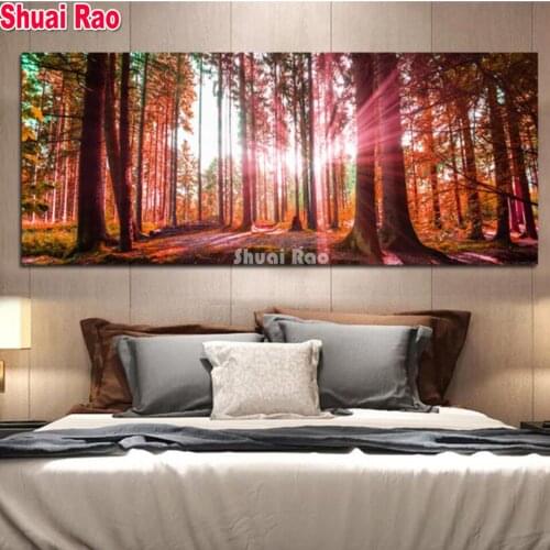 Large Natural Green Tree Diamond Painting Full Square/round Drill Mosaic Forest Sunset Landscape Background 3D Stereo Wall Art