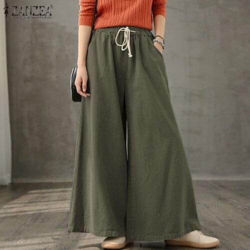 Women Vintage Cotton Linen Pants ZANZEA Autumn Wide Leg Trousers Casual Elastic Waist Solid Long Pantalon Loose Flare Palazzo