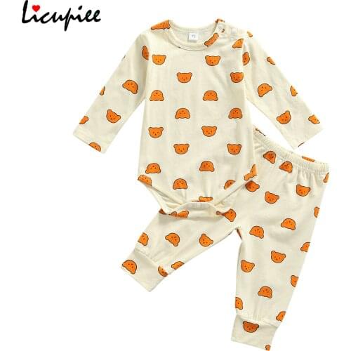 0-24 Months Full Sleeve 2 Pieces Kids Suit Set, Cartoon Bear Print Round Neck Long Sleeve Romper + Long Pants for Toddler