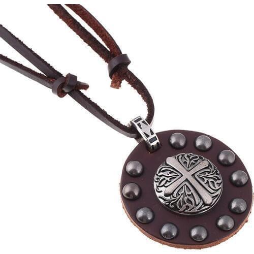 Punk Long Necklace Rock Men Retro Cross Rope Leather Chain Metal Pendant Statement Choker for Women Vintage Fashion Jewelry Gift