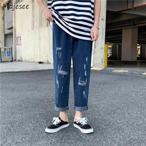 Jeans Men Korean Vintage Ins Ripped Jean Mens Street Wear Denim Chic All-match Student Ankle-length Trousers Casual Hole Summer