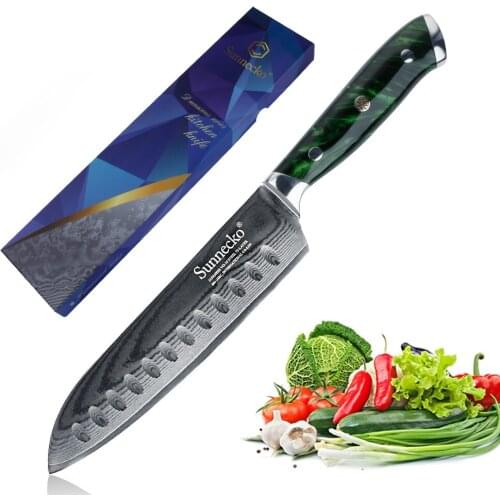 Sunnecko Damascus 7'' Santoku Knife Japanese VG10 Steel Blade Chef Kitchen Knives Green Resin Handle Sharp Meat Cutter knives