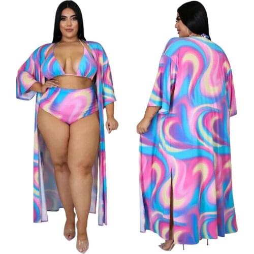 Wholesale Plus Size Sets 3 Piece Bikini Set Women Print Bra Beach Coat Cover Up Bra Shorts Bathing Suits Summer Dropshipping