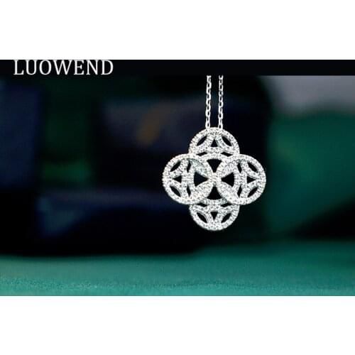 LUOWEND 100% 18K White Gold Pendant Necklace Four Leaf Clover Real Diamond Necklace Proposal Wedding Elegant Design for Lady