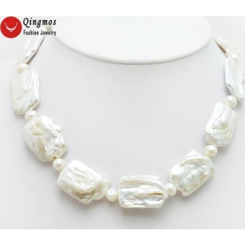 Qingmos Natural Pearl Necklace for Women with White 20*30mm Rectangle & 6-7mm Round Pearl Chokers Necklace Jewelry 17'' nec6485