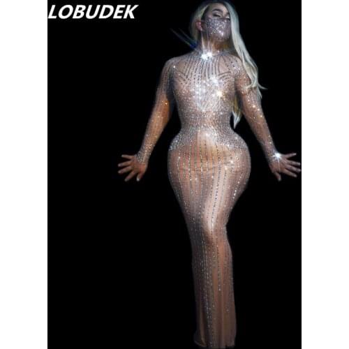 Female Birthday Celebrate Rhinestones Floor Length Dress Concert Stage Performance Transparent Mesh Crystals Long Dresses Singer