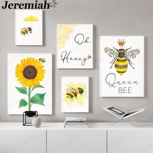 Nordic Yellow Floral Canvas Poster Scandinavian Style Sunflower Bee Painting Wall Art Modern Home Living Room Decoration