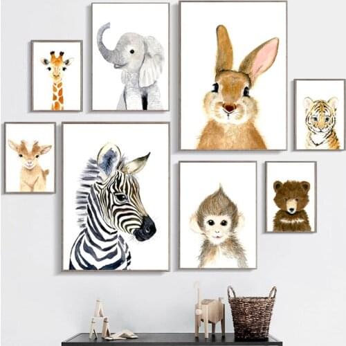Cartoon Cute Animal Wall Art Watercolor Tiger Canvas Painting Giraffe Zebra Picture Poster and Print for Childrens Room Decor