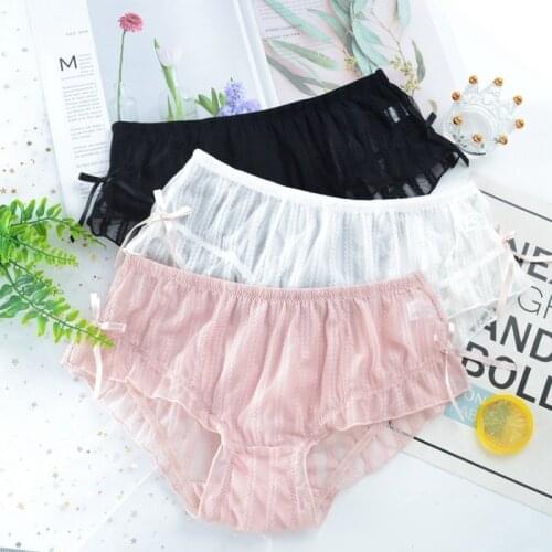 Sexy Lace Mesh Hollow Japanese Style Cute Lovely Sweety Underwear Lolita Cosplay Girls Panties Female Middle Waist Stripe Breifs