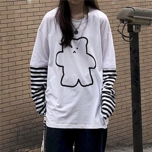 2021 Spring Autumn Bear Printing Long Sleeve Fake Two-piece T-shirt Korean Loose Harajuku Style Clothes Women Vintage Oversized