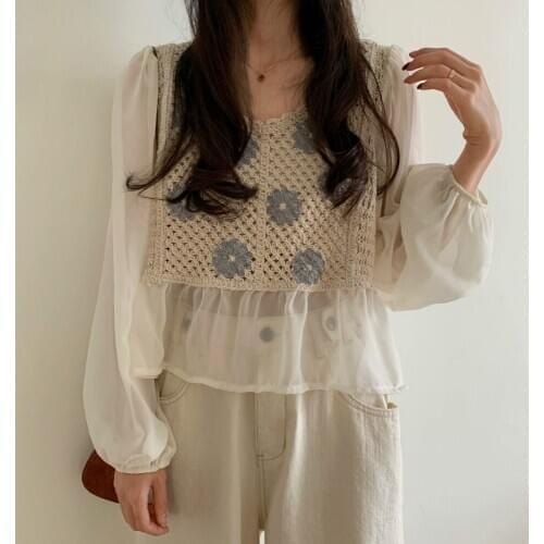 2020 Women Elegant Patchwork Chiffon Blouse Floral Hollow Out V Neck Shirt Long Sleeve Pullover Tops Perspective