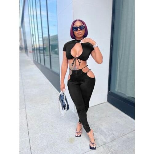 Spring Summer Women Clothing Sexy Solid Bandage Crop Top Pant Matching Nightclub Vacation Outfits Fashion Streetwear Wholesale