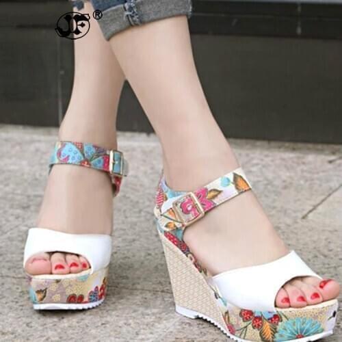 NEW Women Sandals Women Summer Shoes High Heel Wedge Open Toe Platform Sandal high Heels Waterproof Printing sandals ghj89