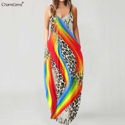 Women Rainbow Stripes Sundress 2021 Summer O-neck Flower Print Maxi Dress Bohemia Loose Casual Sleeveless Vestido Female Robe