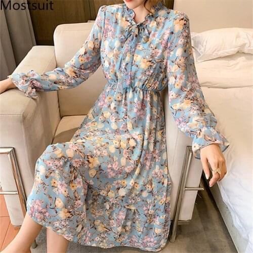 Korean Floral Printed Chiffon Women Long Dress 2021 Spring Full Sleeve Bow Collar A-line Dresses Elegant Fashion Ladies Vestidos