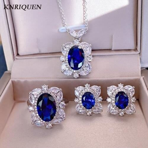 100% Soild 925 Sterling Silver Womens Wedding Party Jewelry Set 8*12mm Sapphire Tanzanite Rings Stud Earrings Pendant Necklace