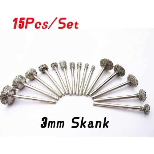 15Pcs 46 Grit Various Shapes, Sizes, Diamond Coated Grinding Burr 3mm Mandrel Stone Carving Grinding Tool For Dremel Rotary Tool