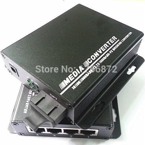 2 pieces/lot Fiber Optical Media Converter with 4 RJ45 10/100/1000Mbps 1 SC fiber port for HD Camera