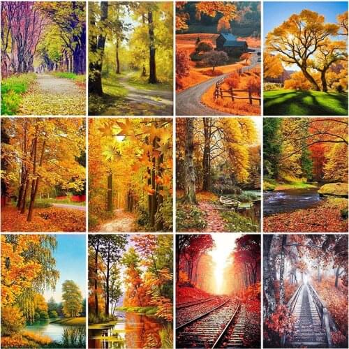 5D DIY Diamond Painting House Diamond Embroidery Cross Stitch Full Round Drill Autumn Landscape Tree Wall Sticker Home Decor