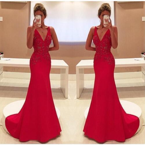Sparkly Unique Red Two Straps V-Neckline Sleeveless With Appliques Long Prom gown 2018 robe de soiree bridesmaid dresses