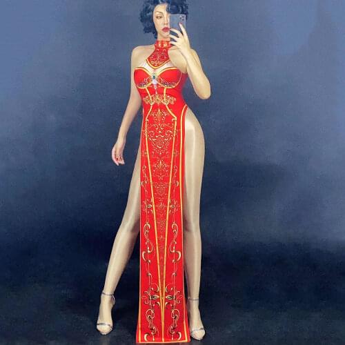 Shining Diamond Vintage Sleeveless Women Cheongsam Split Long Dresses Tight Stretch Print Men Bodysuit Nightclub Dance Show Wear