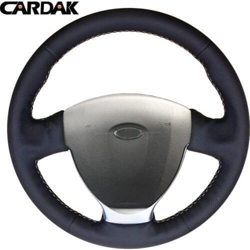 CARDAK Hand-stitched Black Artificial Leather Car Steering Wheel Cover for Lada Kalina 2 2013-2018 Priora 2013-2018
