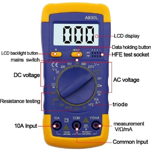 A830L LCD Digital Multimeter AC DC Voltage Diode Freguency Multitester Current Tester Luminous Display with Buzzer Function