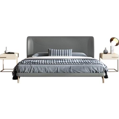 Italian light luxury solid wood double bed modern simple and simple senior grey master bedroom bed leather wedding bed