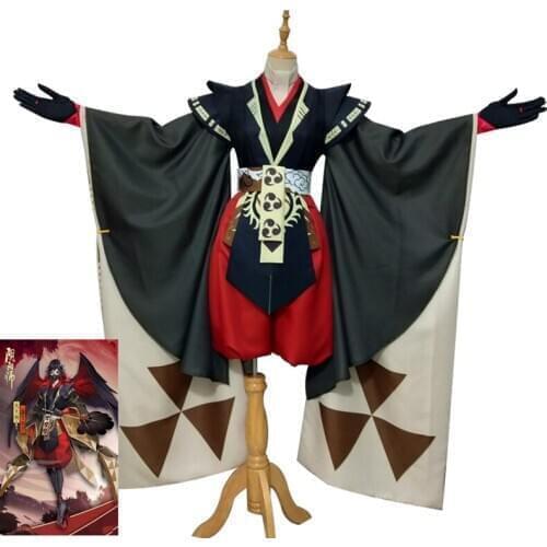 Custom size SSR Onmyoji Ootengu cosplay costume kimono dress black gold skin Halloween costumes outfit wig shoes