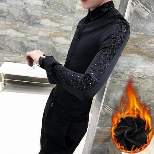M-3xl New Winter Men Thickened Long-sleeved Shirt Slim Hairstylist Fashion Handsome Warm Shirt Nightclub Singer Stage Costumes
