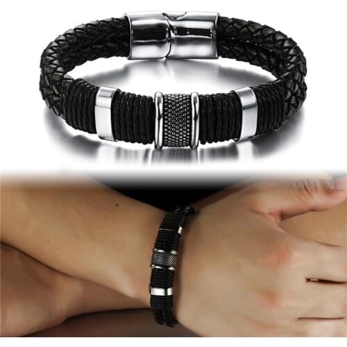 Retro Student Stainless Steel Bracelets For Men Fashion Black DIY Weave PU Leather Bracelet Gift Boyfriend Jewelry 2021 Trend