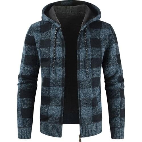 Men Thick Warm Winter Sweatercoat 2021 Autumn Hooded Plaid Wool Sweater Male Cardigan Jumpers Zipper Fleece Coats Plus Size 3XL