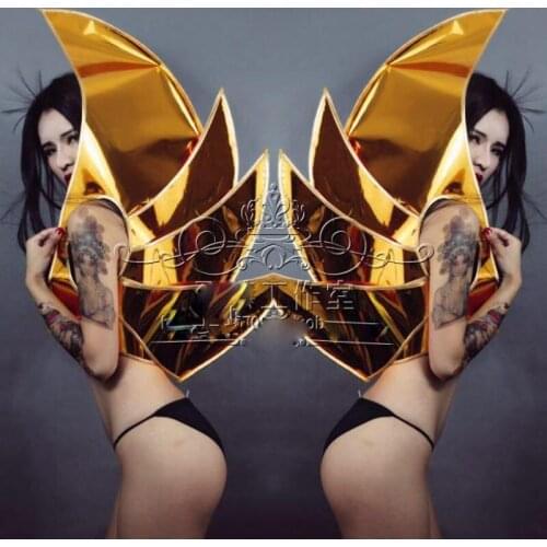 Science technology future costume Men women models catwalk space show party Gold silver mirror shoulder wear