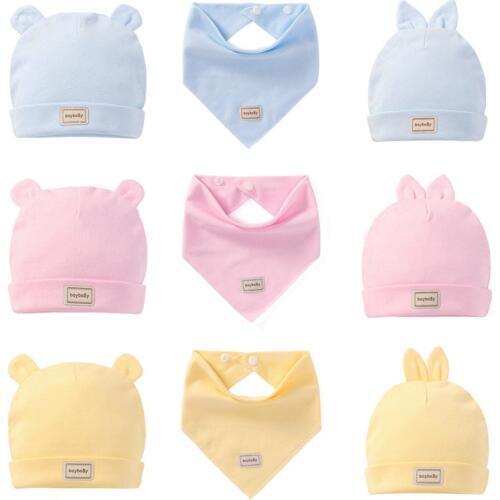 3 Colors Baby Infant Solid Double Layer Pure Cotton Hats Bibs Set For Newborn Girls Boys Cute Caps