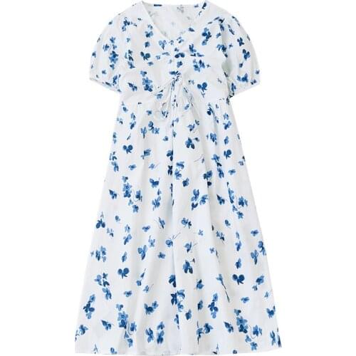 Korean style blue floral retro V-neck drawstring tie waist dress