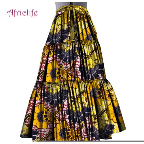African Women Dress Ankle Length African Print Cotton Clothing With Belt Unique Ankara Loose Half Pleated Skirt WY4576