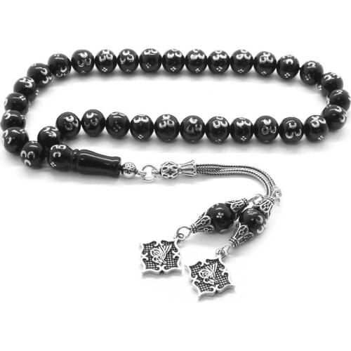 Tesbihane 925 Sterling Silver Tuğra Tassels Silver 3 Crescent Embroidered Sphere Cut Russian Oltu Rosary