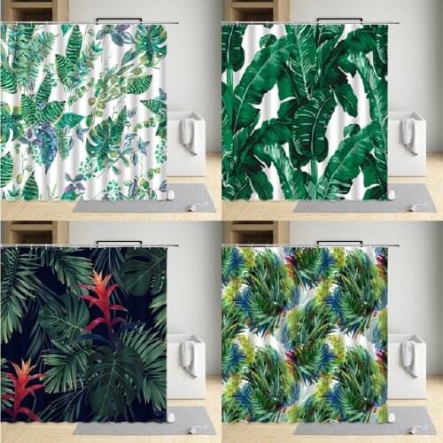 Tropical Green Plant Leaf Palm Shower Curtains Bathroom Curtain Frabic Waterproof Polyester Bathroom Curtain with Hooks Sets Wit
