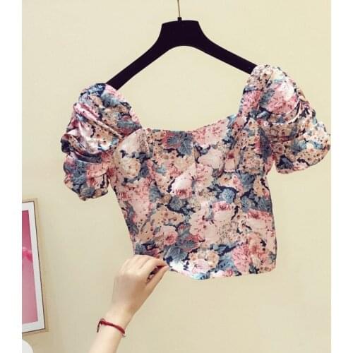 Vintage Floral Women Blouse 2021 Summer New Slash Neck Short-Sleeved Short High Waist Lady Elegant Pulls Outwear Tops